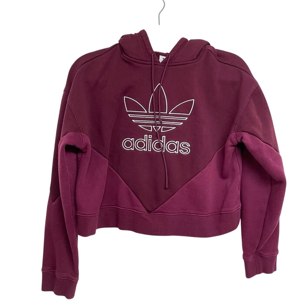 Adidas Burgundy Cropped Trifold Hoodie Sweatshirt Womens Small Boxy Fit Casual